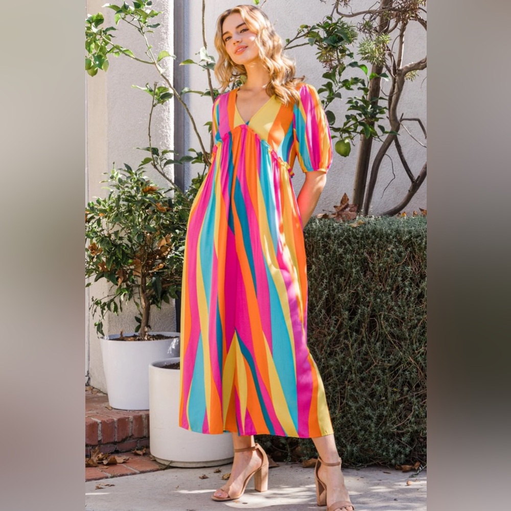 ODDI Striped Puff Sleeve Wide Leg Jumpsuit - Size 1XL